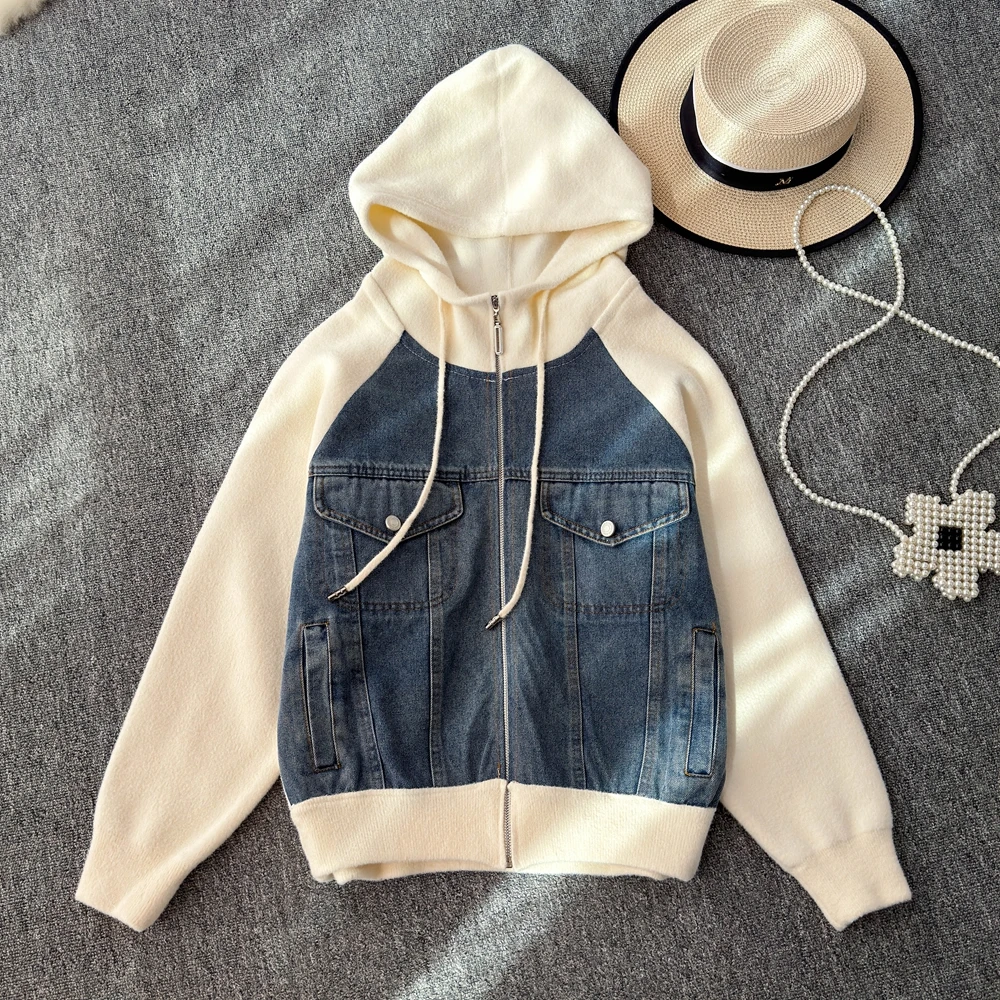 

2024 Autumn Winter New Casual Loose Jacket Splicing Denim Coat Hooded Zipper Cardigan Fleece Hoodie Women's Short Jacket