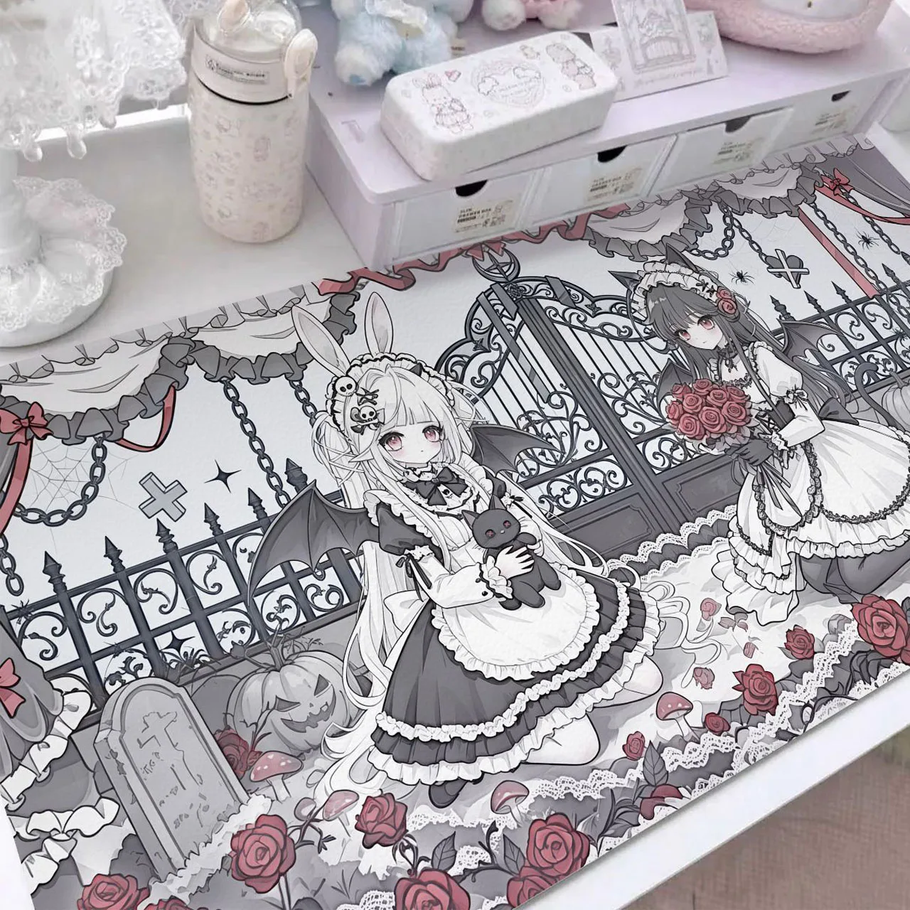 Leather Desk Pad Protector Y2k Gothic Lolita Skirt Rose Flower Cool Mouse Pad Office Desk Mat Non-Slip PU Desk Blotter Pad