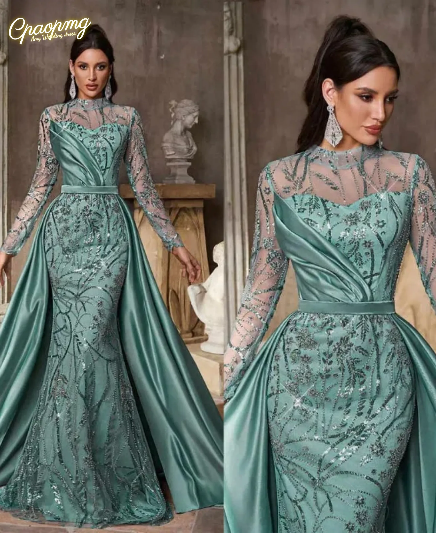 

Customized Elegant Sequins Mermaid Evening Dresses Long Sleeve High Neck Prom Gowns Beadeds Formal Party Dress Vestdos De Fiesta