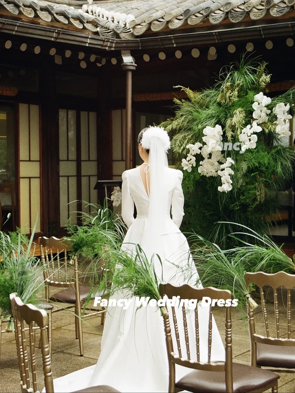 Fancy High Quality O Neck Wedding Dress Korea Photo Shoot A Line Soft Satin Main Bridal Gown Long Sleeve 웨딩드레스 Customized