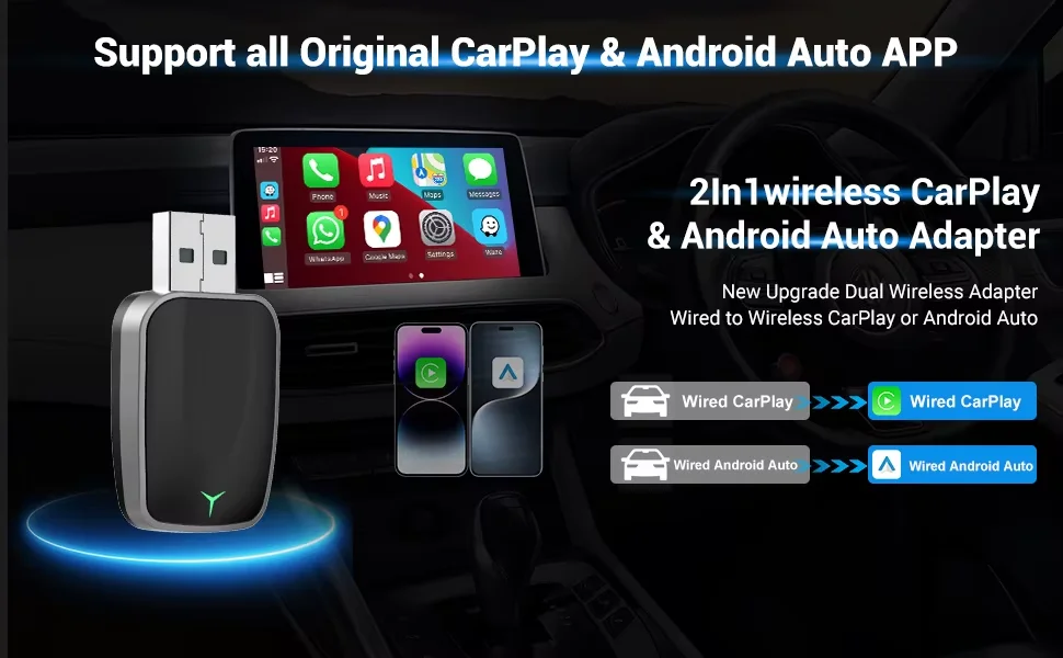 2-in-1 Kabelloser CarPlay-Adapter & Android Auto Wireless-Adapter, 5GHz WLAN Typ-C/USB Plug-and-Play CarPlay Wireless – Detail 1