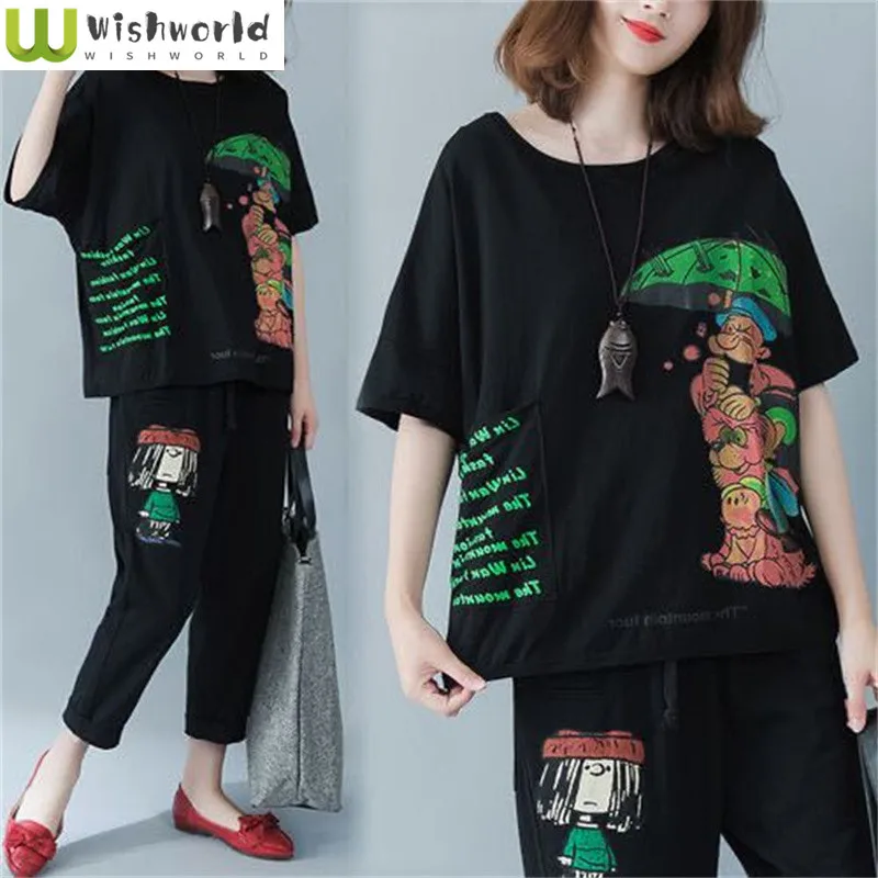 Plus Size Retro Print Loose Short Sleeve T-shirt Casual Pants Two Piece Elegant Women\'s Pants Set Summer Sports Set Ouftis