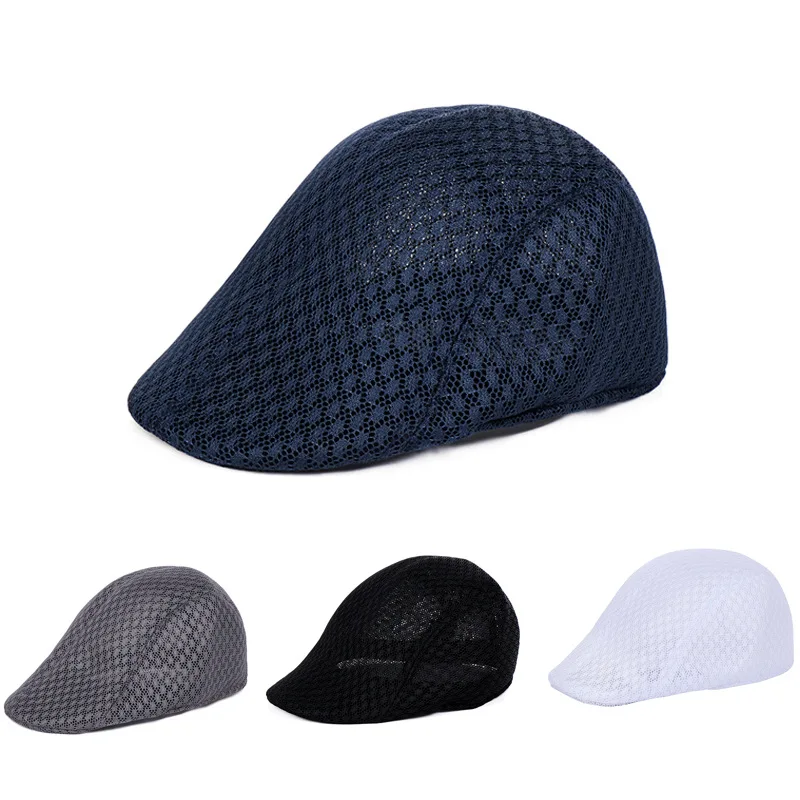 Summer Men Women Flat Beret Hollow Breathable Cap Sun Hat Solid Color Casual Newsboy Hat Fashion British Style Golf Hat For Men