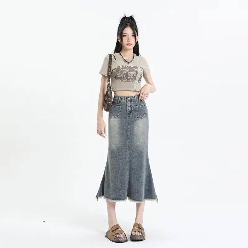 

2024 Summer New High-waist Slit Denim Skirt For Women Washed Retro A- line Skirt Hip-covering Straight Long Skirt