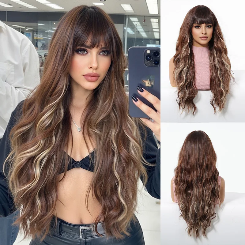 شعر مستعار طويل بني طبيعي كبير مموج مع غرة أشقر يسلط الضوء على شعر مستعار مموج للنساء شعر مستعار اصطناعي يومي بدرجة حرارة عالية #1