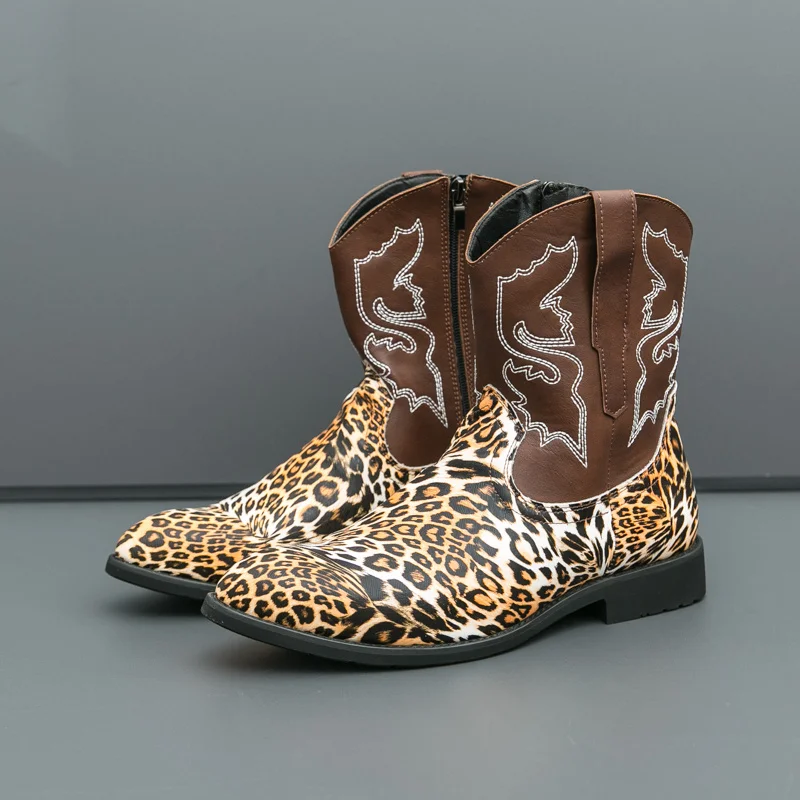 

Leopard Western Boots Man Pointed-Toe Zip Cowboy Boots For Men Plus Size 38-46 Embroidery Leather Men's Boots botas para hombre