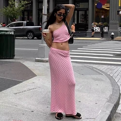 New 2 Pieces Set Beach Outfit Cover-ups, Sexy Women One Shoulder Crop Top and High Waist Skirt, Bikini Cover up, Long Knit Dress