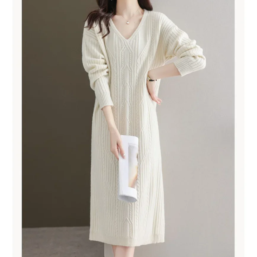 

2024 Long sleeves V-neck maxi dress Autumn Loose Large Size Long Dresses over size Vestidoes Bottom woolen dress white dress