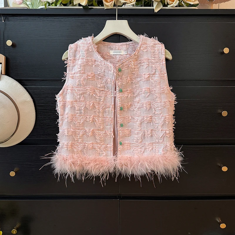 Celebrity Temperament Fringed Feather Splicing Vest Women's Autumn 2025 New Foreign Style Loose Waistcoat