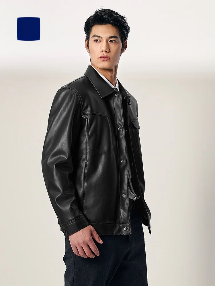 

New Pu Leather Texture Printed Jaet Men's Busin Commute Outerwear Hla Sea Autumn Winter Color Coat