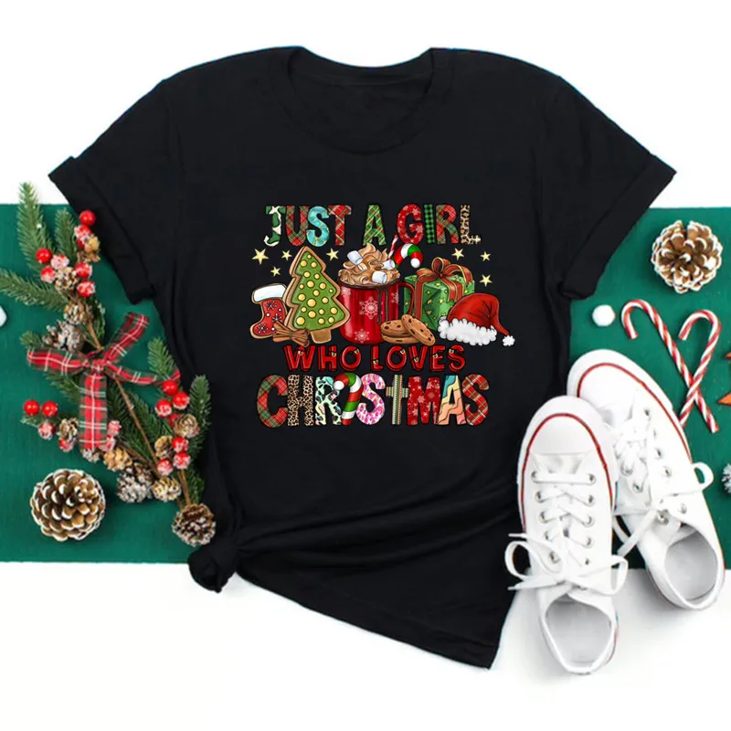 Merry Chriatmas Woman Clothing Letter Print Shirt for Women O-Neck Short Sleeve Woman Cute T-Shirts Female Christmas Tee