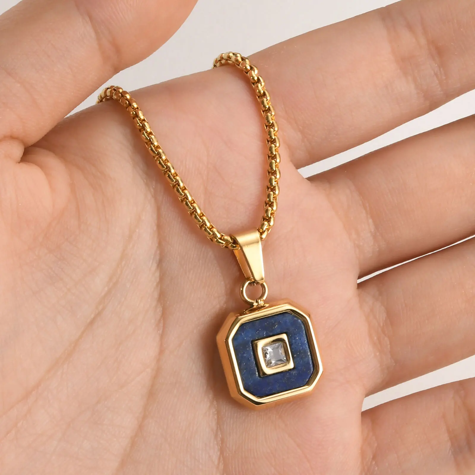 Square Natural Stone Pendant Necklace For Both Men And Women, Unisex Stainless Steel Necklace