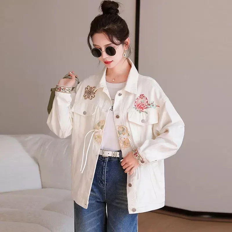 Short Denim Jacket Women Spring Autumn/fall Chinese Style Buckle Top Casual Tang Suit Jeans Coat Lady Embroidered Outwear XQ62
