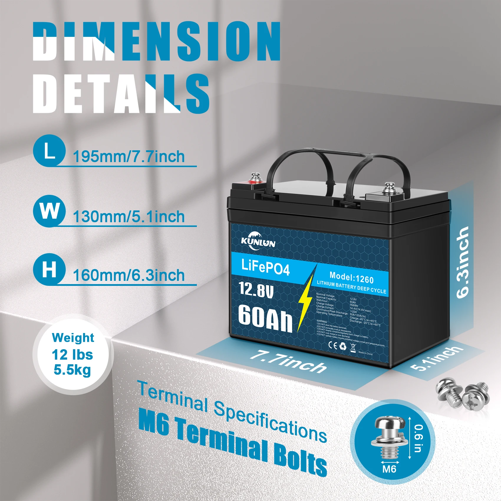 

KUNLUN 12 В 60 Ач LiFePO4 Аккумулятор Новые литий-железо-фосфатные элементы Встроенный BMS 5000 циклов для солнечных панелей RV, моторных лодок