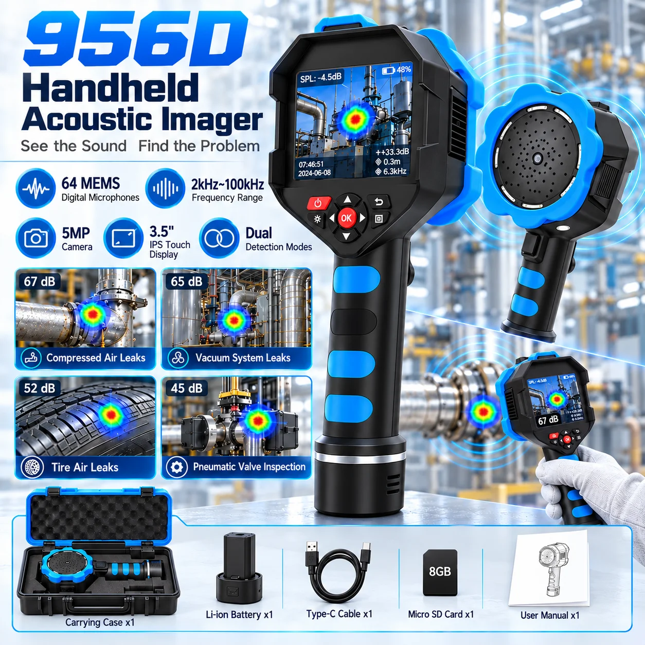 Acoustic Camera Acoustic Imaging Camera Acoustic Imager 956D Gas Leak Detector 64 Mic Array 2 to 100kHz 12MP 5000mAh Battery