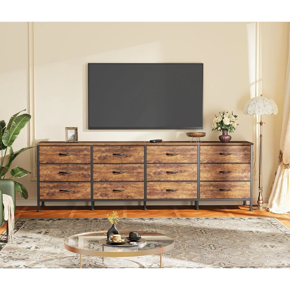 Huuger cômoda de 70 polegadas para quarto, suporte de TV para TV de 65, 75, 80 polegadas, cômoda longa com 12 gavetas de tecido, grande centro de entretenimento f