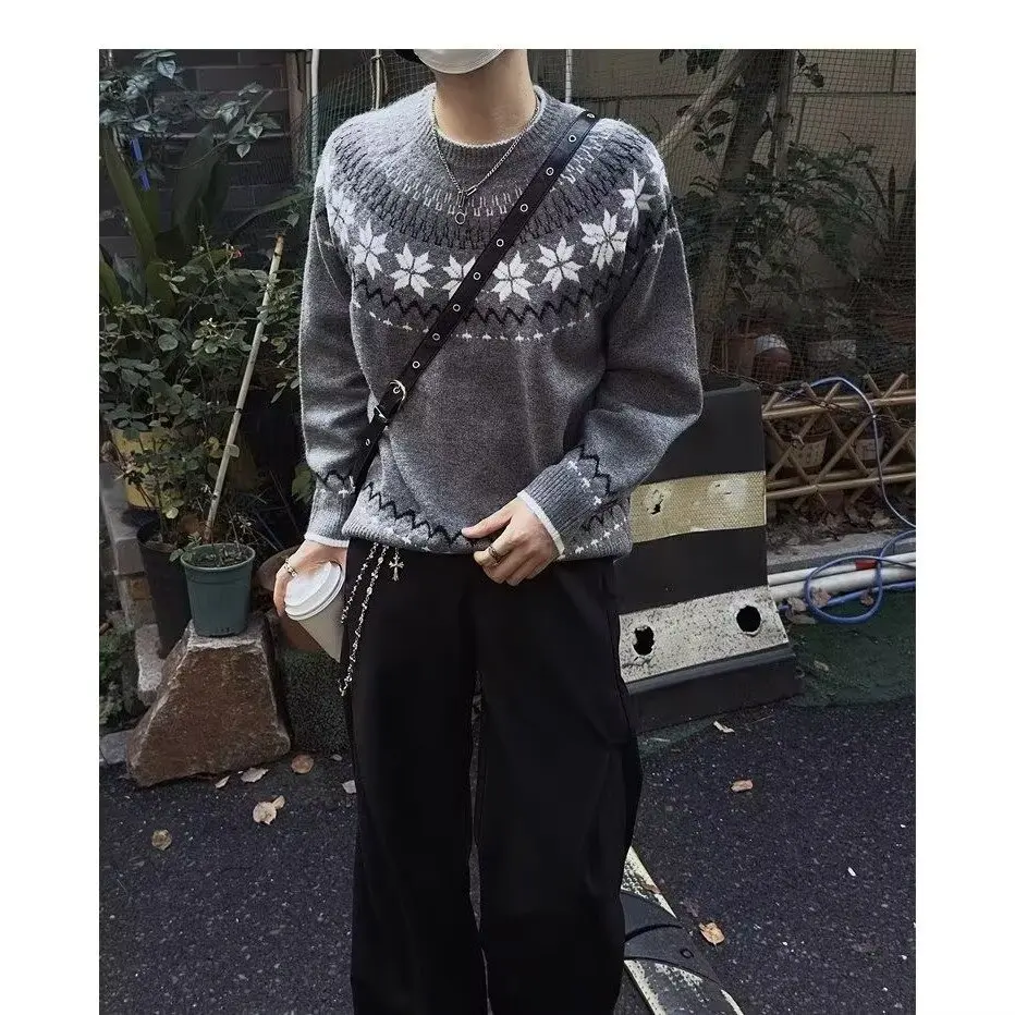 Retro American Cleanfit Light Knitted Fair Isle Sweater Men's Autumn Winter Nordic Lazy Sle Knitwear Coat for Men And Women