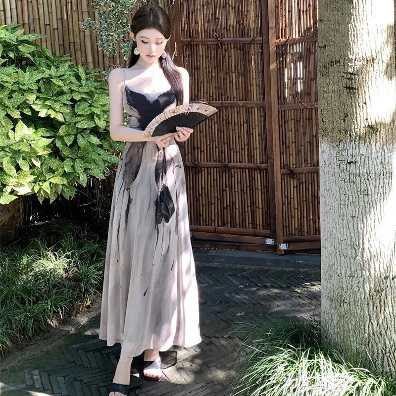 Ink Printed Camis Dress Sexy Backless Elegant Slim Butterfly Dress Mesh Lightweight Breathable See Through Party Vestidos