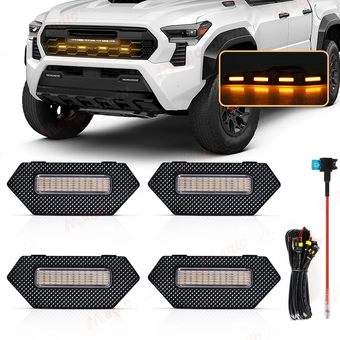 Car Front Grille Light For Toyota Tacoma TRD Pro Trailhunter 2024 LED Yellow Warning Light Daytime Running Lamp Headlight 12V
