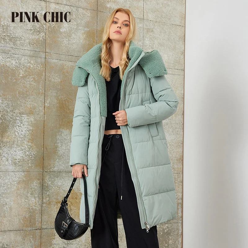 PINK CHIC 2023 New Winter Coat Women Down Jackets High Quality  Fur Collar Warm  Hooded Long version Parka Female W6607