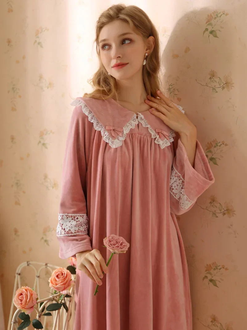 Women Fairy Sleepwear Night Dress Autumn Winter Cute Flannel Long Sleeve Sweet Girl French Princess Fleece Pajama Nightgowns