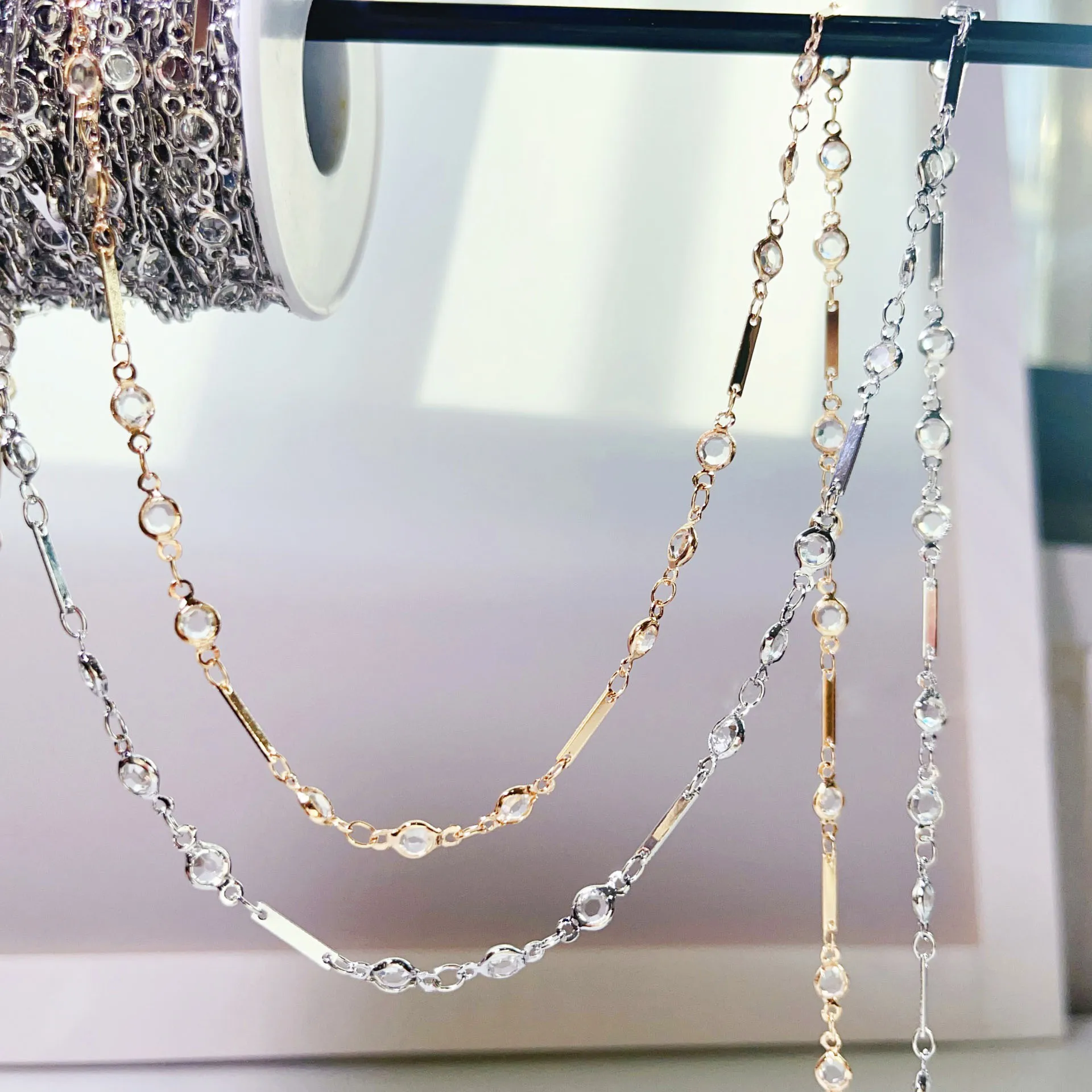 Trendy 0.5M/1M/2Meters Round Zircon Copper Chains Premium Glass Copper Chain for Women Bracelet Necklace Jewelry DIY Accessories