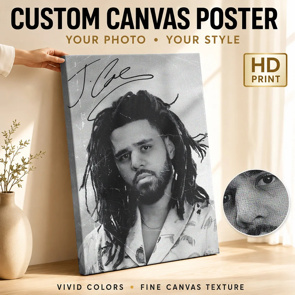 J. Cole Autographed Portrait Framed Canvas Poster Customized Retro Music Wall Paintings Decoration for Bar Gift for Collectors