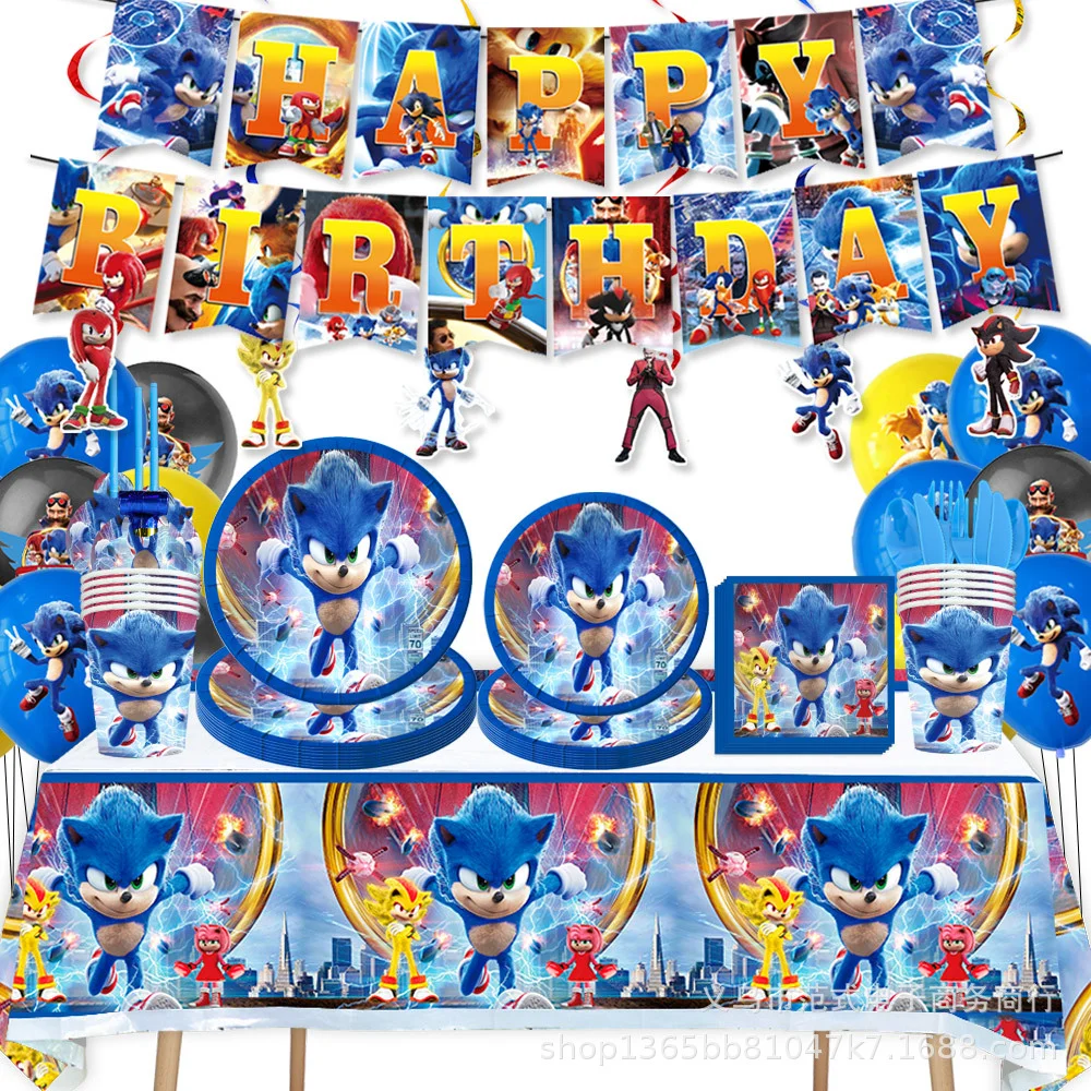 New Hero Soniced Sonic Party Supplies Birthday Party Disposable Tableware Set Paper Plate Cup Napkin Balloon Baby Shower Decor