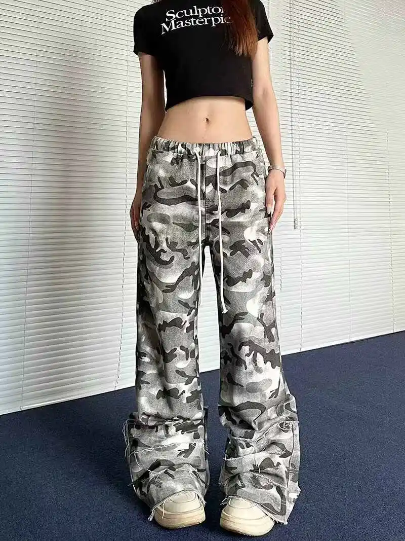 Women Camouflage Joggers Baggy Pants Long Trousers Pants Elastic Waist Y2k Harajuku Drawstring Trousers Japanese Cyber Punk Men