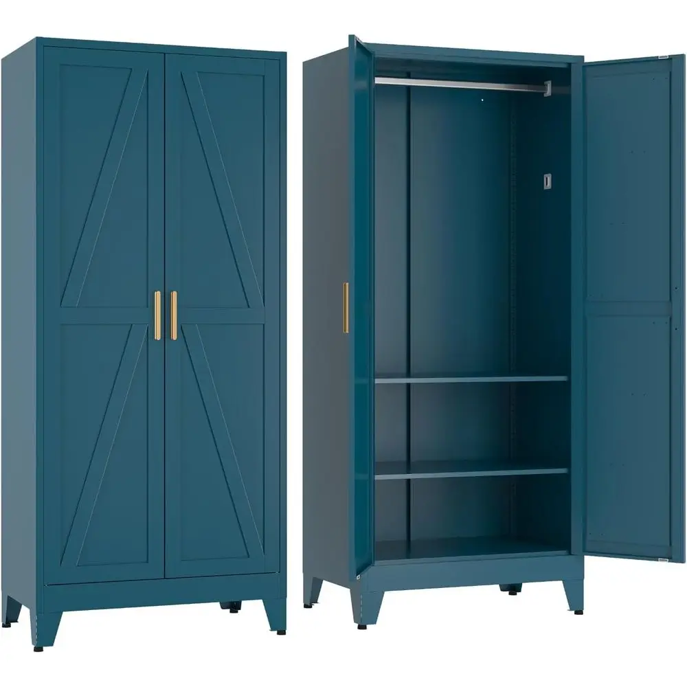 

71'' Metal Armoire Wardrobe Closet, Steel Wardrobe Cabinet with Adjustable Hanging Rod and Shelves, 2 Doarmhouse Closet Storage