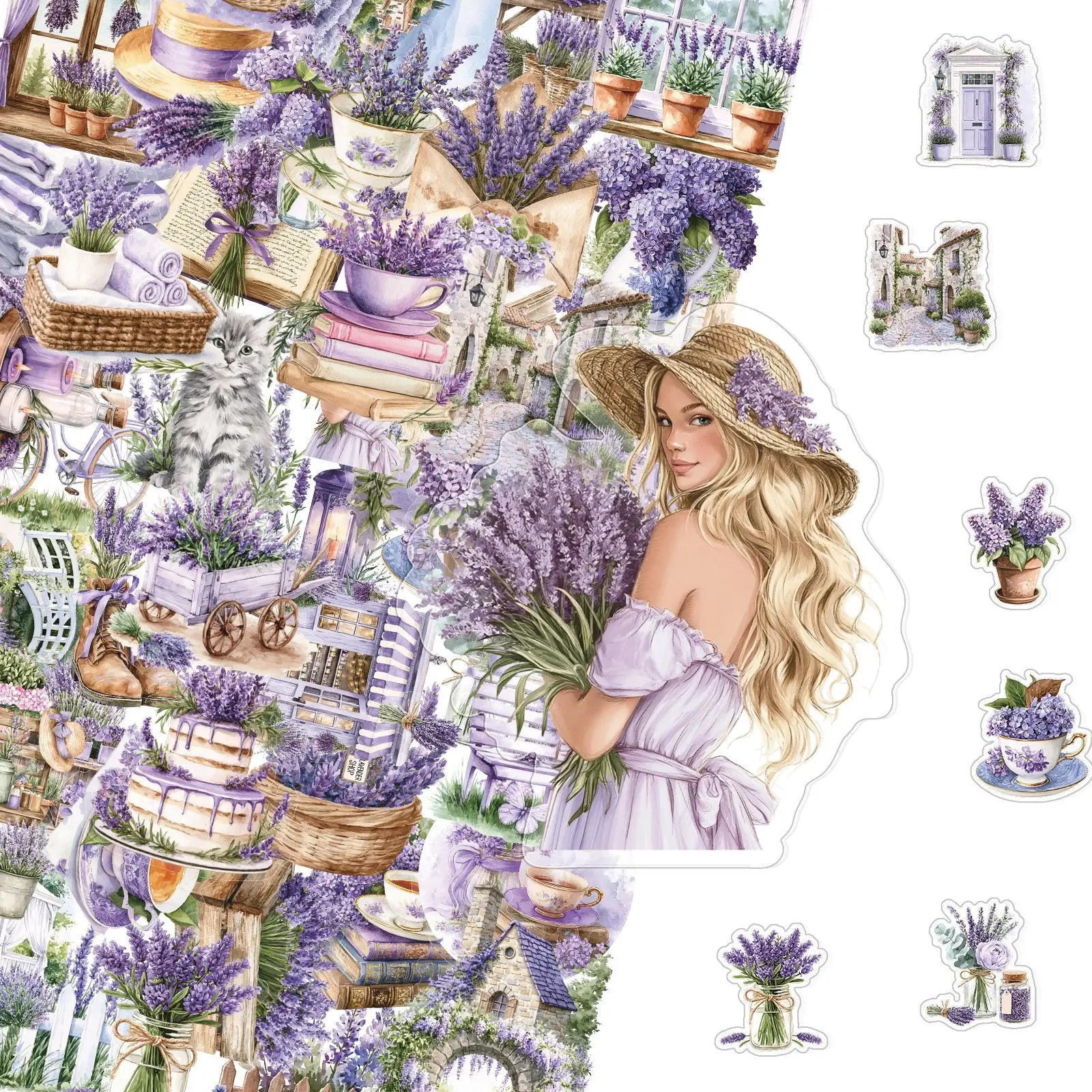 50 watercolor lavender PET stickers, pastoral floral landscape planner materials, transparent stickers for mobile phone sticker