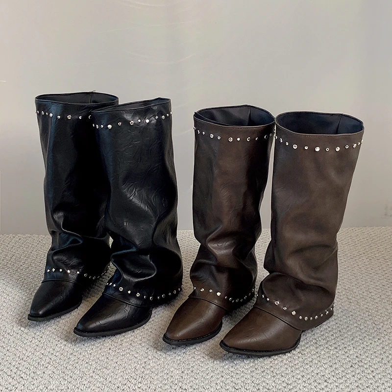 Pointed Toe Rivet Wide Calf Long Boots Women Ruched Slip On Block Heel Vintage Western Knee High Boots Ladies Fashion Footwear