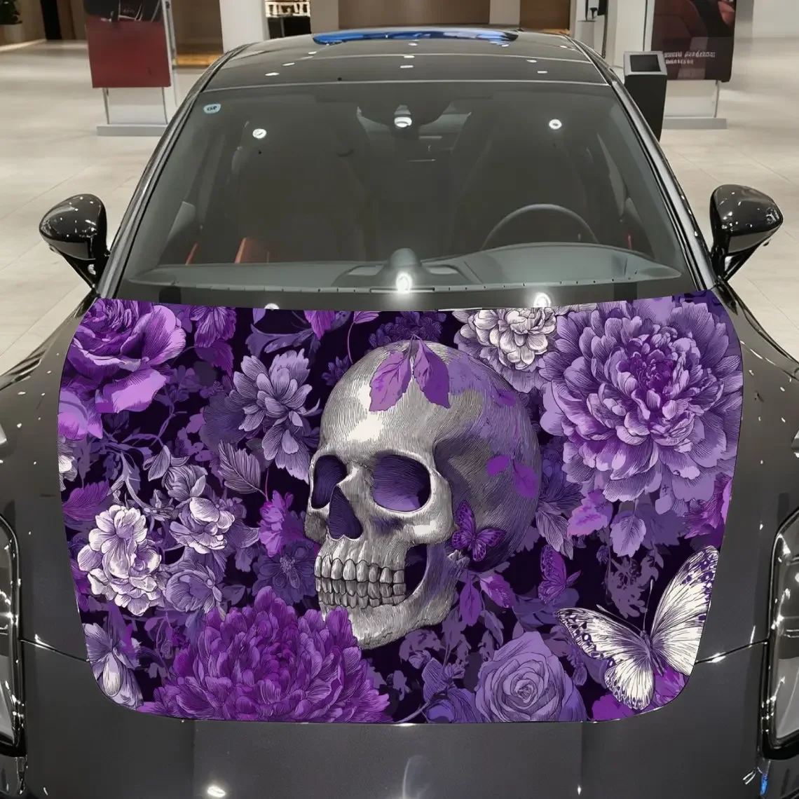 Car Decal Skull with Purple Floral Motif in Artistic Luxurious Dark Fantasy Style - Edgy Gothic Aesthetic Car Hood Sticker, Wate