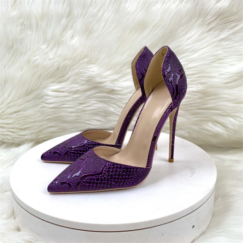 Purple Embossed Crocodile Effect Women Pointy Toe Slip On Hollow  High Heel Shoes for Party Sexy Ladies Dress Stiletto Pumps