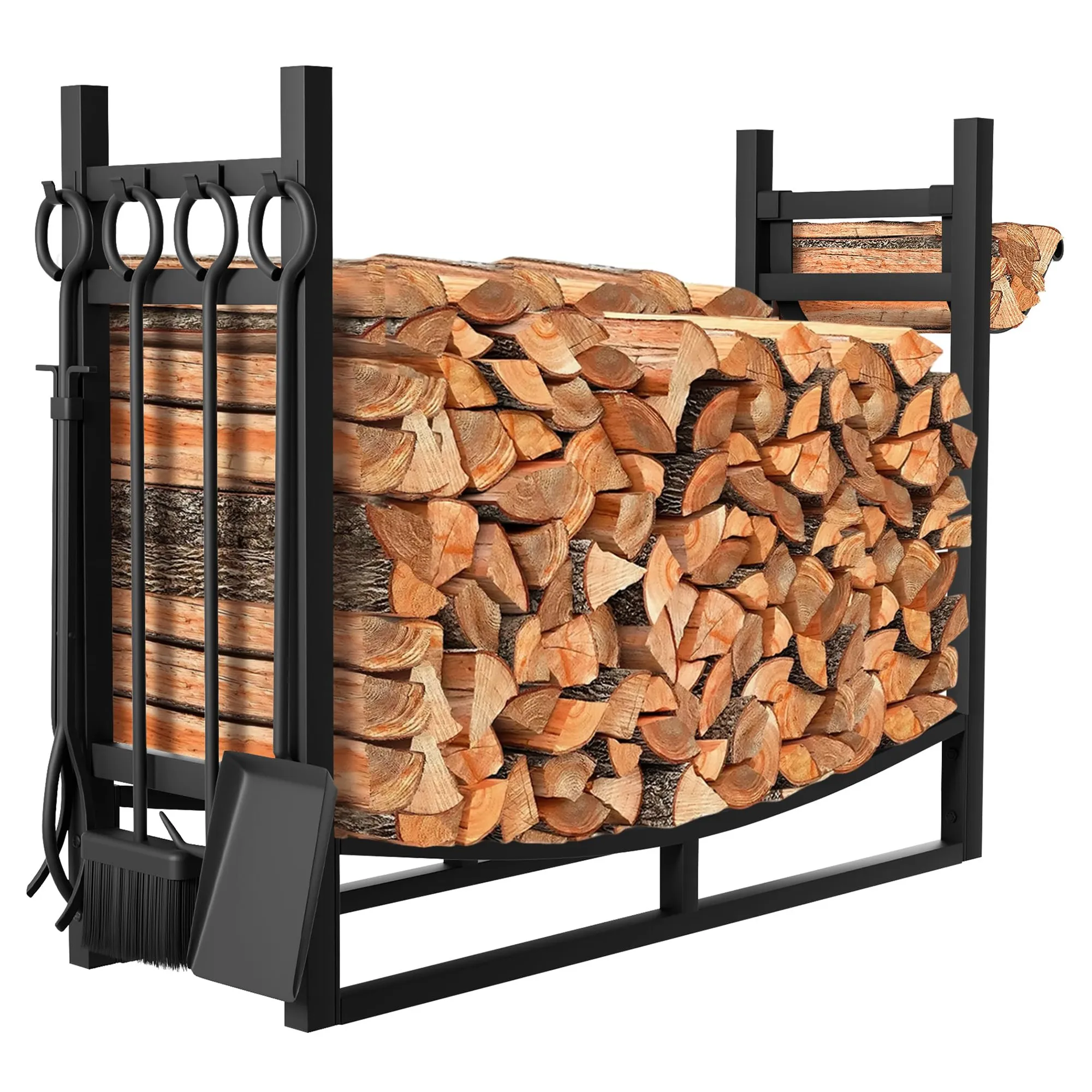 34 in Heavy Duty Firewood Rack, Wrought Iron Indoor Outdoor Log Holder with Complete Fireplace Tools Set