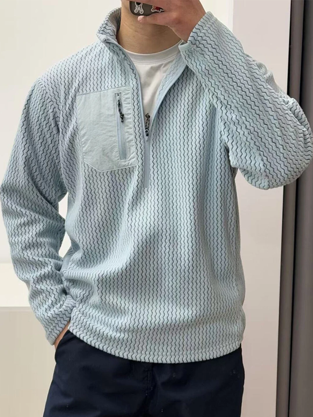 Outdoor Sports Men's Fleece Jacket Zipper Neck Knitted Sweater Standard Fit Autumn Warm Stand Collar Half Zipper Wave Pattern...