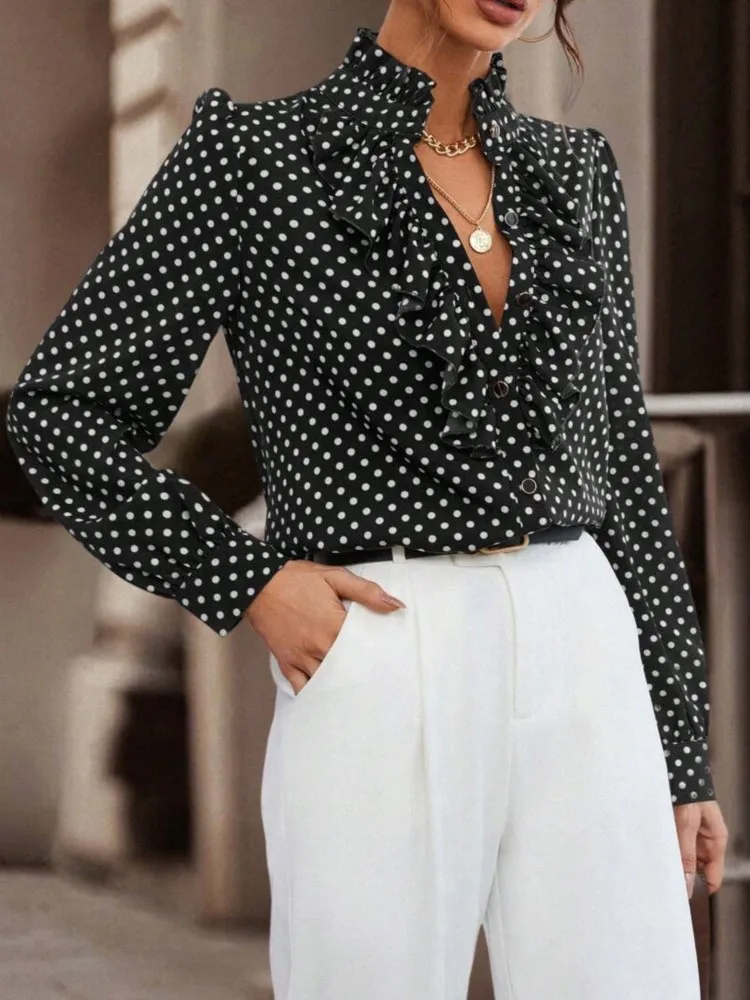 Elegant Office Lady ลําลองคอยาวแขนยาวเสื้อฤดูใบไม้ผลิฤดูใบไม้ร่วงแฟชั่น Polka Dot พิมพ์ Ruffle ปุ่มเสื้อด้านบน