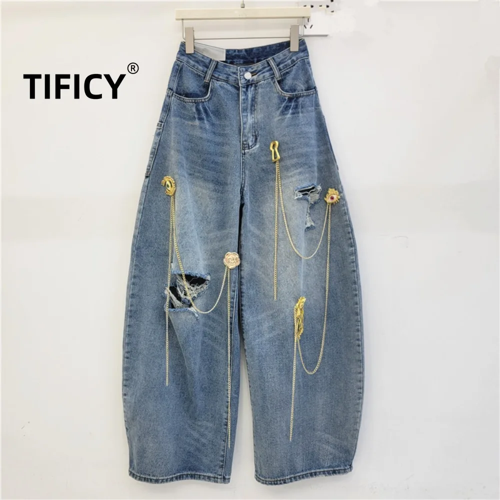 High Street Vintage Chain Decoration Wide Leg Curved Knife Jeans Pants Women's New Loose Sickle Banana Hole Denim Pants