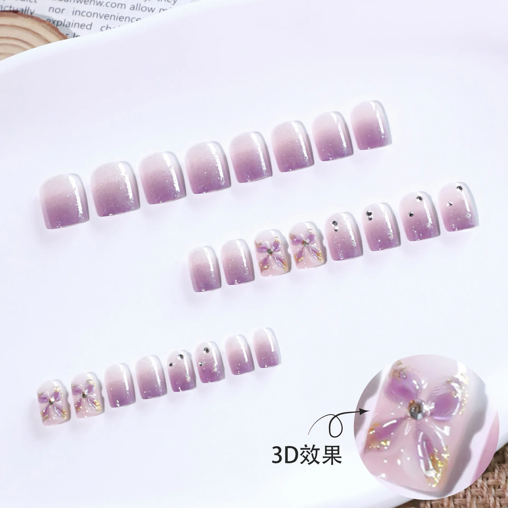 24 pièces presse sur ongles violet faux ongles courts carrés ongles conseils 3D fleur faux ongles diamant décoré Nail Art réutilisable