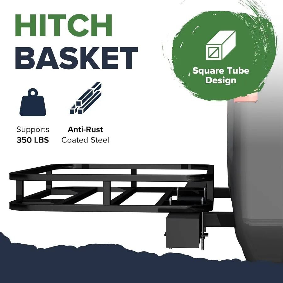 32 x 26 x 4 Inch Heavy Duty Bumper Mounted Cargo Rack Carrier with Nylon Net 350 Lbs Capacity Luggage Basket Hitch for RV Campi