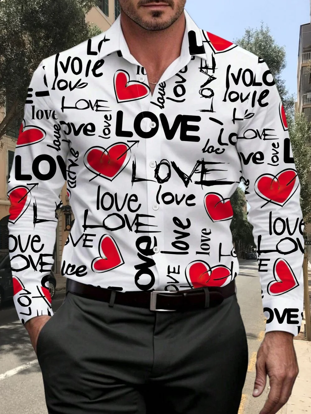 Men's Street Style Long-Sleeve Shirt Digital Print Red Heart-Shaped Pattern Comfortable Fit Fashion Dates Vacation Men's Shirts