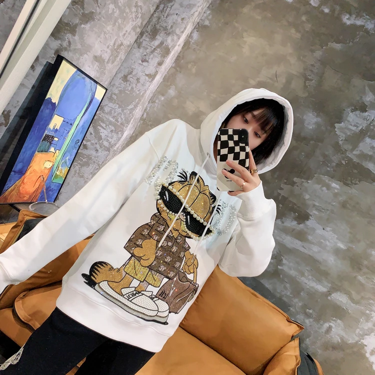 Trendy Men Women Hoodie Tops New Autumn Winter Thicken Fleece Hooded Sweatshirt Cartoon Beading Hot Drilling Casual Sweatshirts