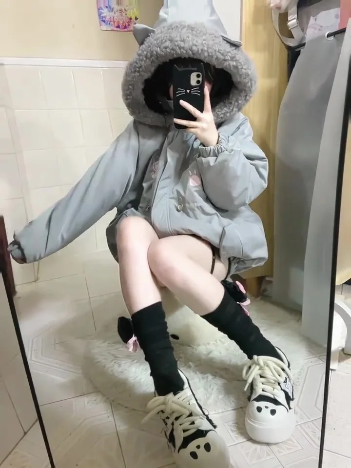 Japanese Girls Kawaii 2D Cute Embroidered Hooded Down Parka Winter New 2025 Subculture Y2K Warm Thickened Short Parka Coat