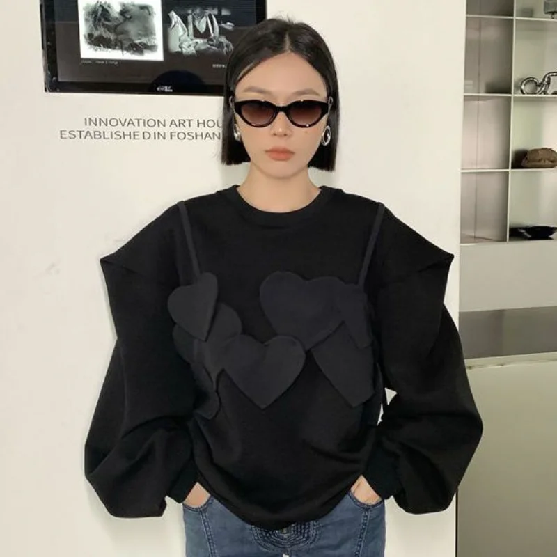 M-4XL Sweatshirts for Women Heart Patchwork O-neck Design Loose Soft Korean Style Fashion Daily Chic All-match Spring Sudaderas