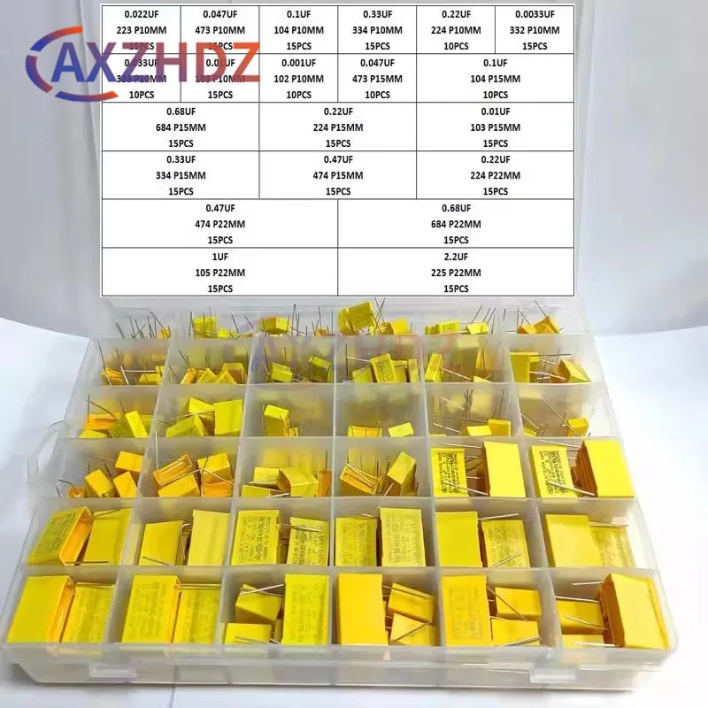 315pcs/Lot Polypropylene Film X2 Safety Capacitor Assorted Kit 275VAC 21Values 102K-225K 1NF-2.2UF Sample Set 0.33 0.47 0.68uF