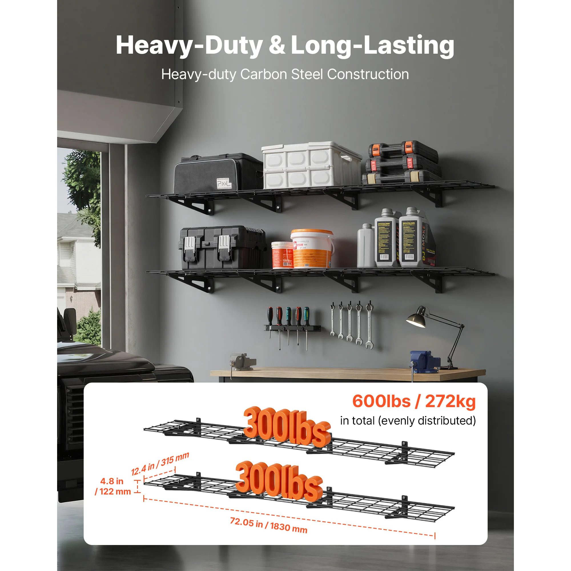SucceBuy 12x72 in 2 Layer Wall Mounted Garage Shelving Holder 300lbs Per Shelf Floating Storage Metal Rack for Workshop Home