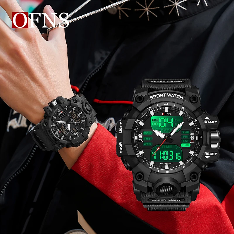 OFNS Top Dual Display Men Watches Waterproof Sports Watch Military Man Alarm Stopwatch Quartz Wristwatch Male Digital Clock