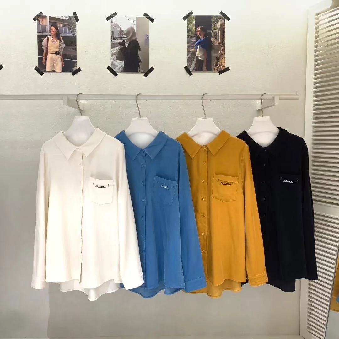 

Casual Sle Long Sve Letter Embroidery Corduroy irt Women's plus Size Comfortable Versatile Casual Cotton Blend irt