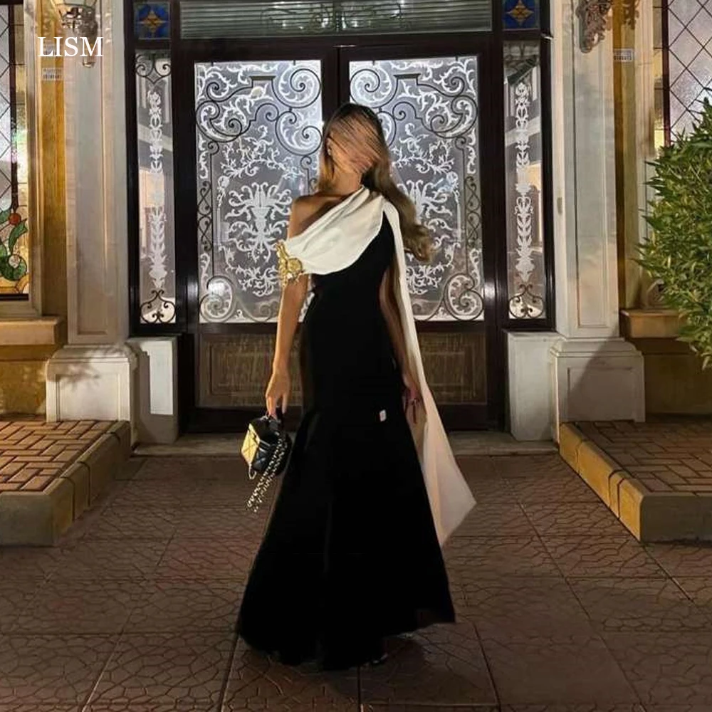 

LISM Saudi Arabic Women Black And White Mermaid Evening Dresses Simple Long Cape Sleeve Prom Gowns Formal Party Event Dress 2024