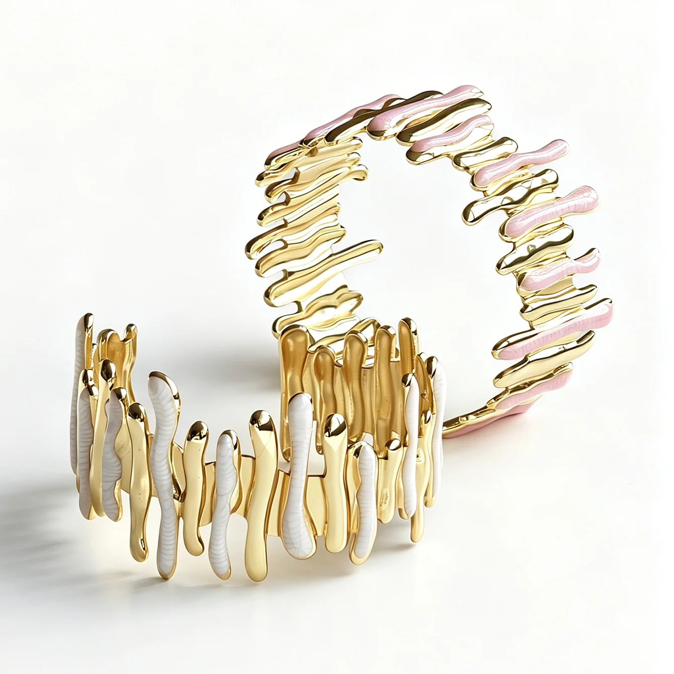 Bold Coral Gold White Pink Enamel Wavy Bracelet Women Chunky Irregular Wave Cuff Bangle Abstract Fluid Statement Jewelry Modern